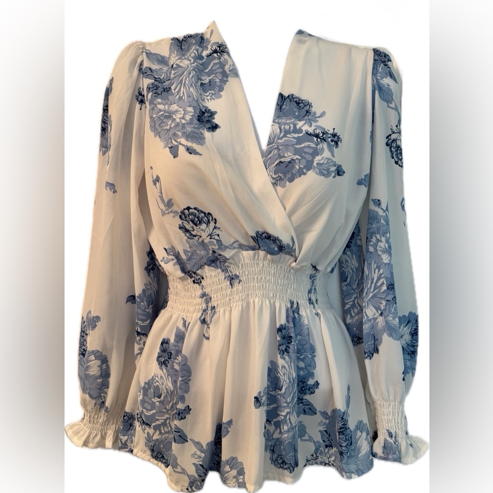 Floral V-Neck, Smocked Waist with long sleeve Blouse - Blue & Ivory flowers